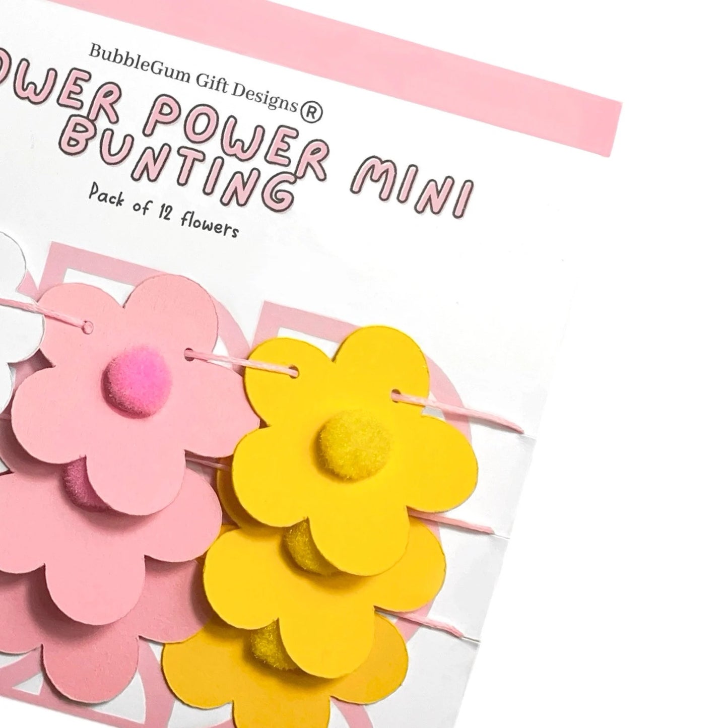 Mini Pink and Yellow Flower Power Mini Bunting Retro Groovy Flower Garland with Pom Pom Centres Cute 60s Flower hanging decoration Pre threaded Sleepover Party bag fillers for girls