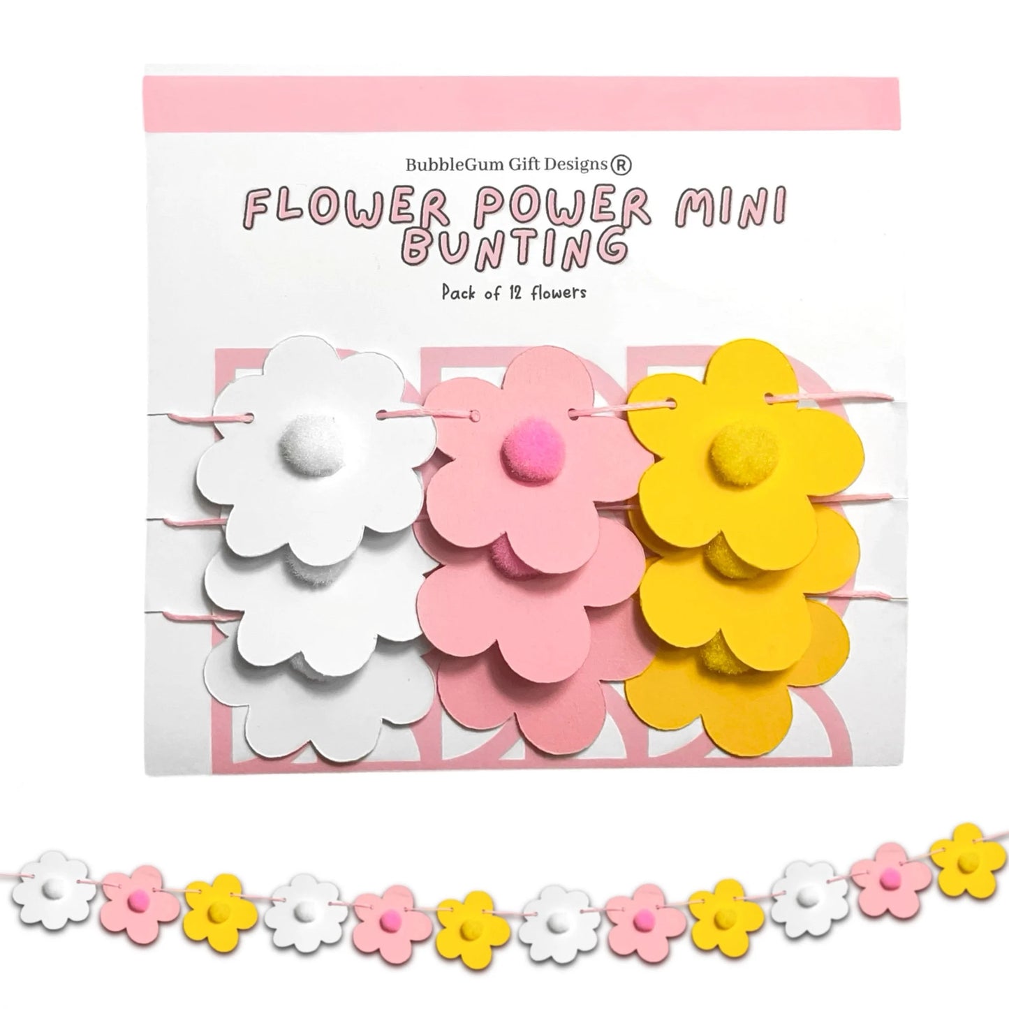 Mini Pink and Yellow Flower Power Mini Bunting Retro Groovy Flower Garland with Pom Pom Centres Cute 60s Flower hanging decoration Pre threaded Sleepover Party bag fillers for girls