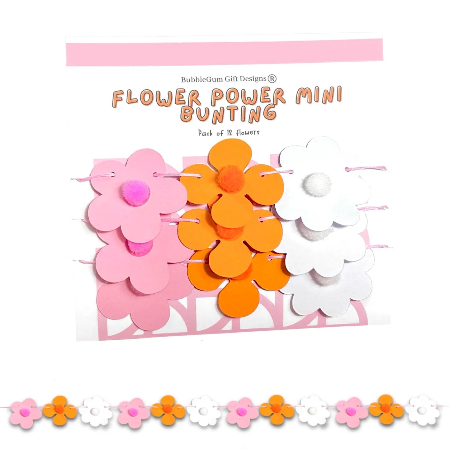 Mini Retro Pink & Orange Flower Garland – 70s-Inspired Bunting with Pom Pom Centres for Groovy Decor