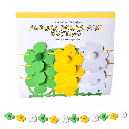 Mini Retro Flower Bunting – Green & Yellow 70s Daisy Garland with Pom Pom centres