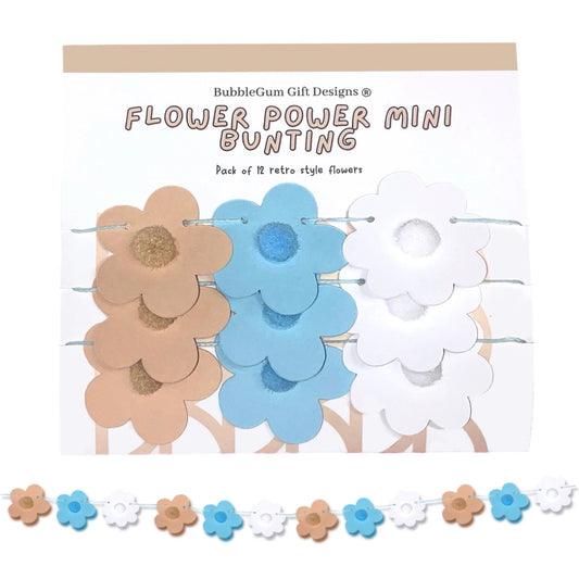 Groovy Pastel 70s Mini Flower Garland – Baby Blue & Beige Daisy Bunting with Fun Pom Pom Centres