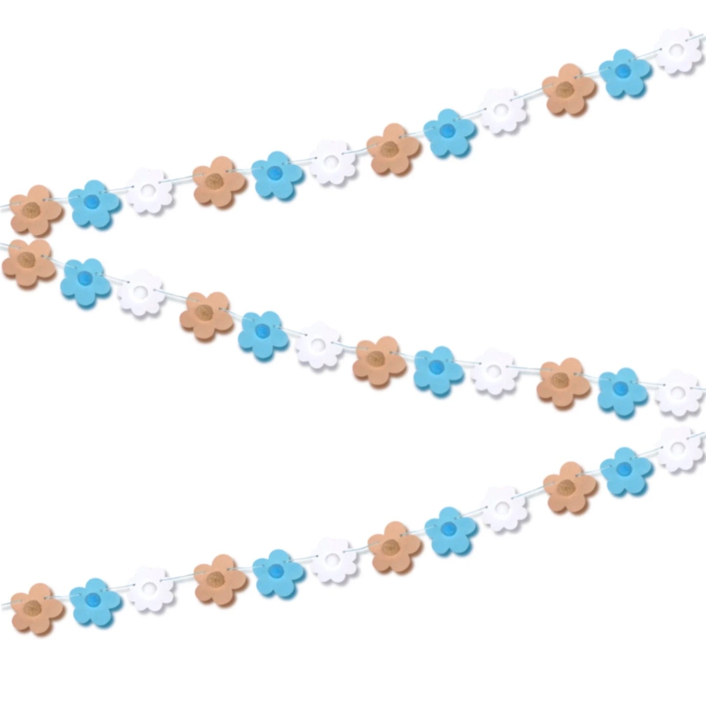 Groovy Pastel 70s Mini Flower Garland – Baby Blue & Beige Daisy Bunting with Fun Pom Pom Centres