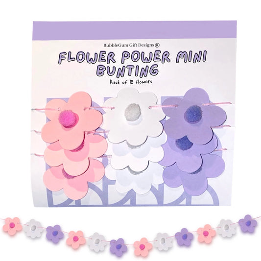 Groovy Spring Mini Flower Garland – Retro 70s Bunting in Pink, Purple & White with Pom Pom Flowers