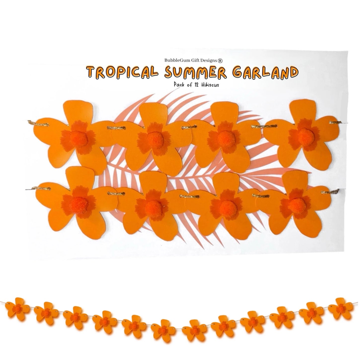 Mini orange hibiscus flower bunting, Cute tropical garland flowers with with fluffy pom pom centres