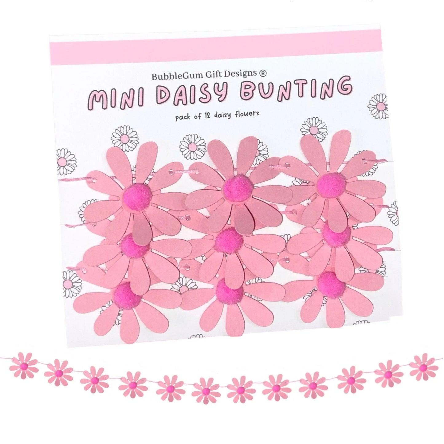 Pretty in Pink Daisy Garland – Fun Retro Flower Bunting with Pom Pom Centres for a Pop of Flower Power