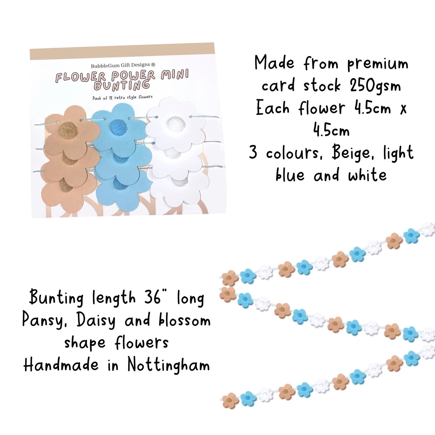 Groovy Pastel 70s Mini Flower Garland – Baby Blue & Beige Daisy Bunting with Fun Pom Pom Centres