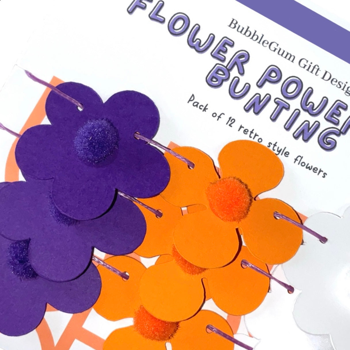 Mini Purple and Orange Flower Power Mini Bunting Groovy Flower Hanging Decoration Retro Flower Garland with Pom Pom Centre Pre threaded Sleepover Party Bag Fillers for Girls