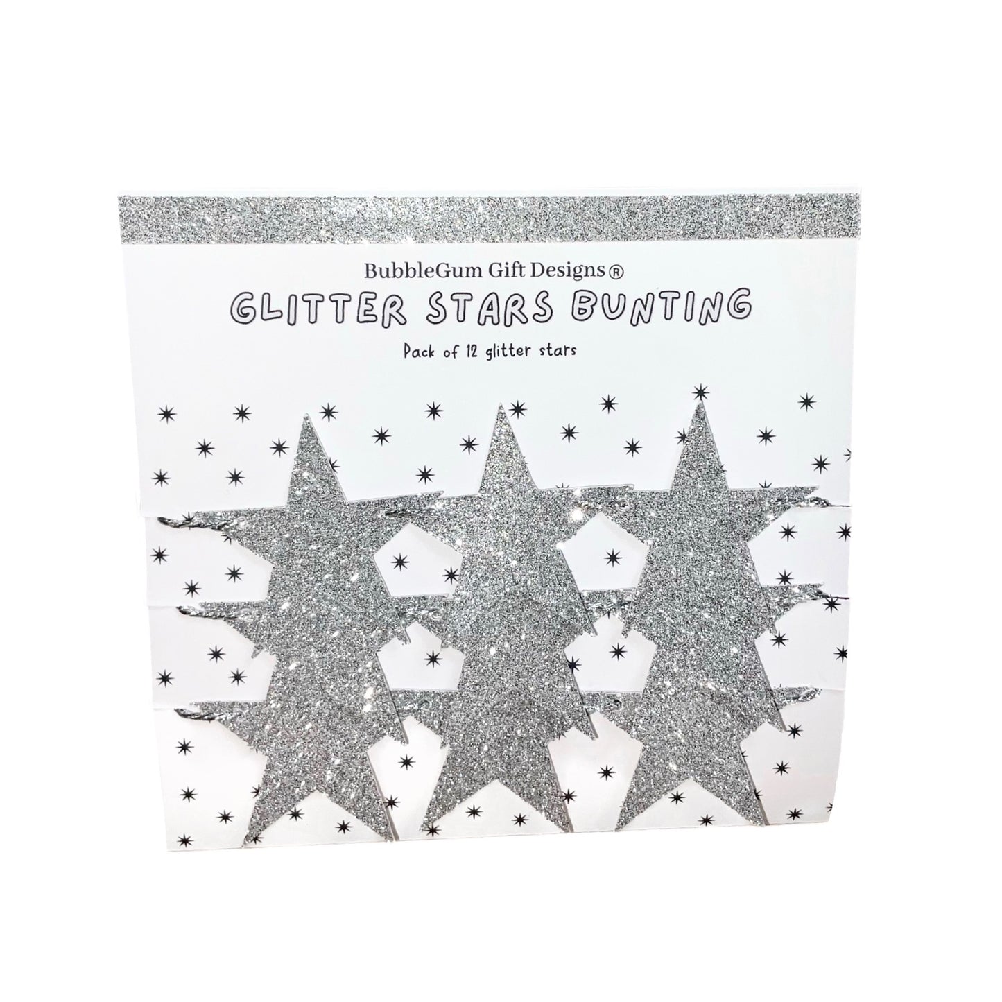 Silver glitter stars bunting with silver metallic string
