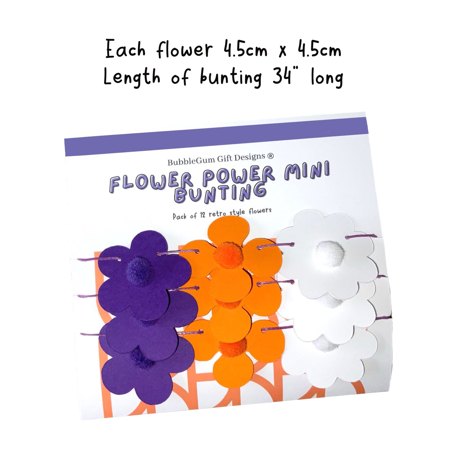 Mini Purple and Orange Flower Power Mini Bunting Groovy Flower Hanging Decoration Retro Flower Garland with Pom Pom Centre Pre threaded Sleepover Party Bag Fillers for Girls