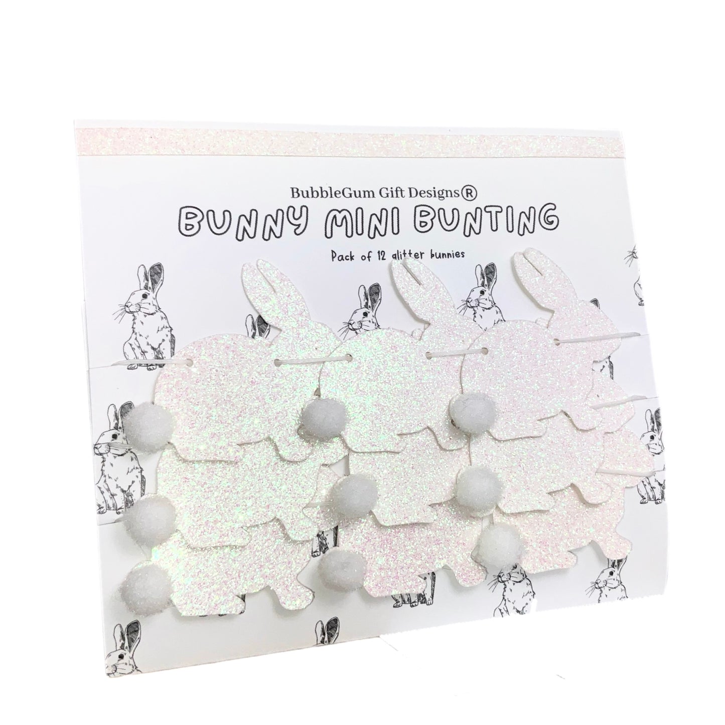 Mini white rabbit bunny garland, Glitter bunny decorations with aurora borealis tint, Bunny theme shelf decoration