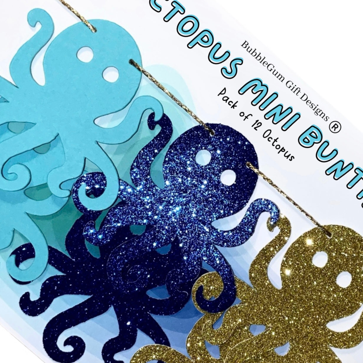 Mini glitter octopus bunting, Nautical baby shower or under the sea birthday decorations, Cute octopus in ocean blues and gold
