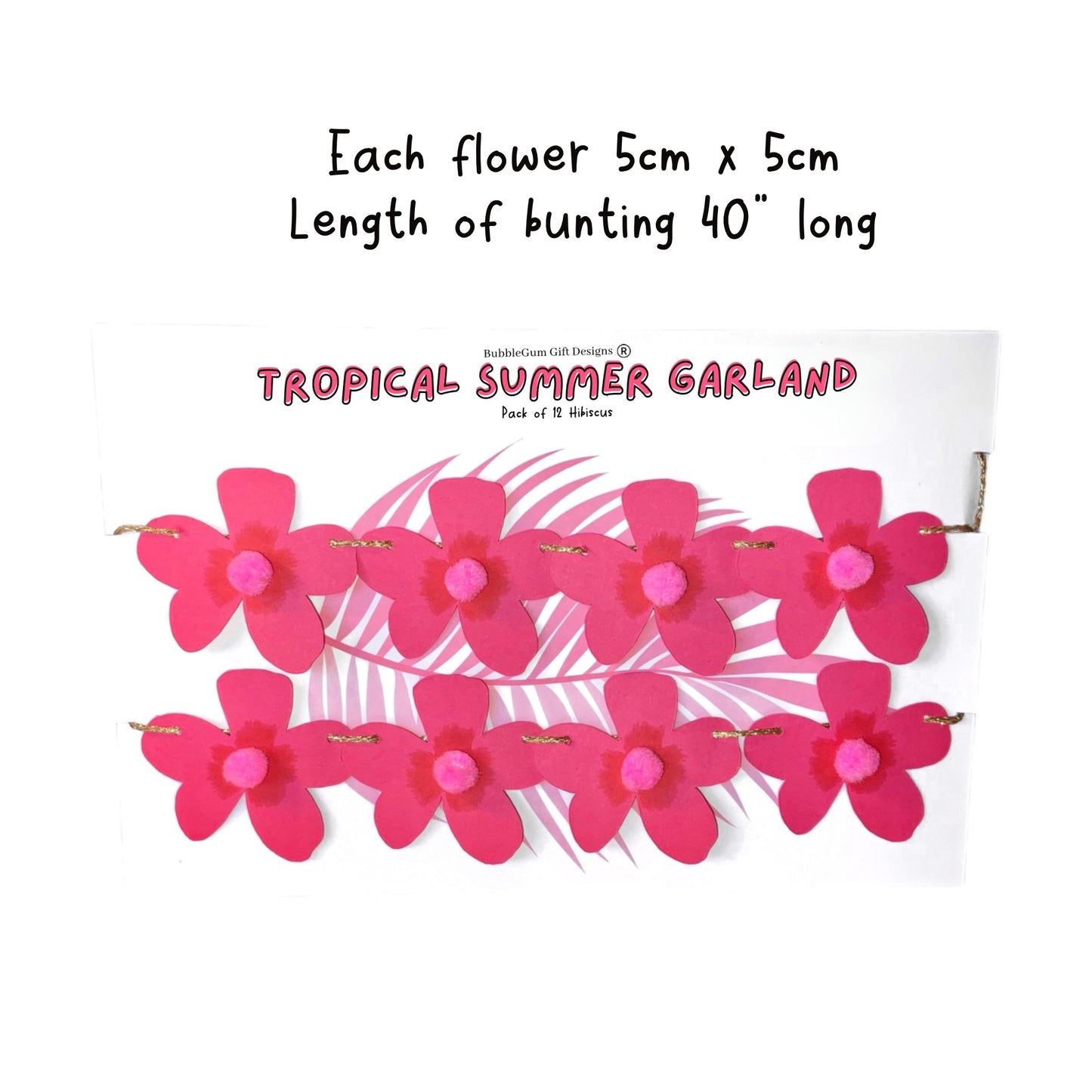 Mini flower garland hot pink Hibiscus, Hawaii Tiki decor Summer garland with pom poms