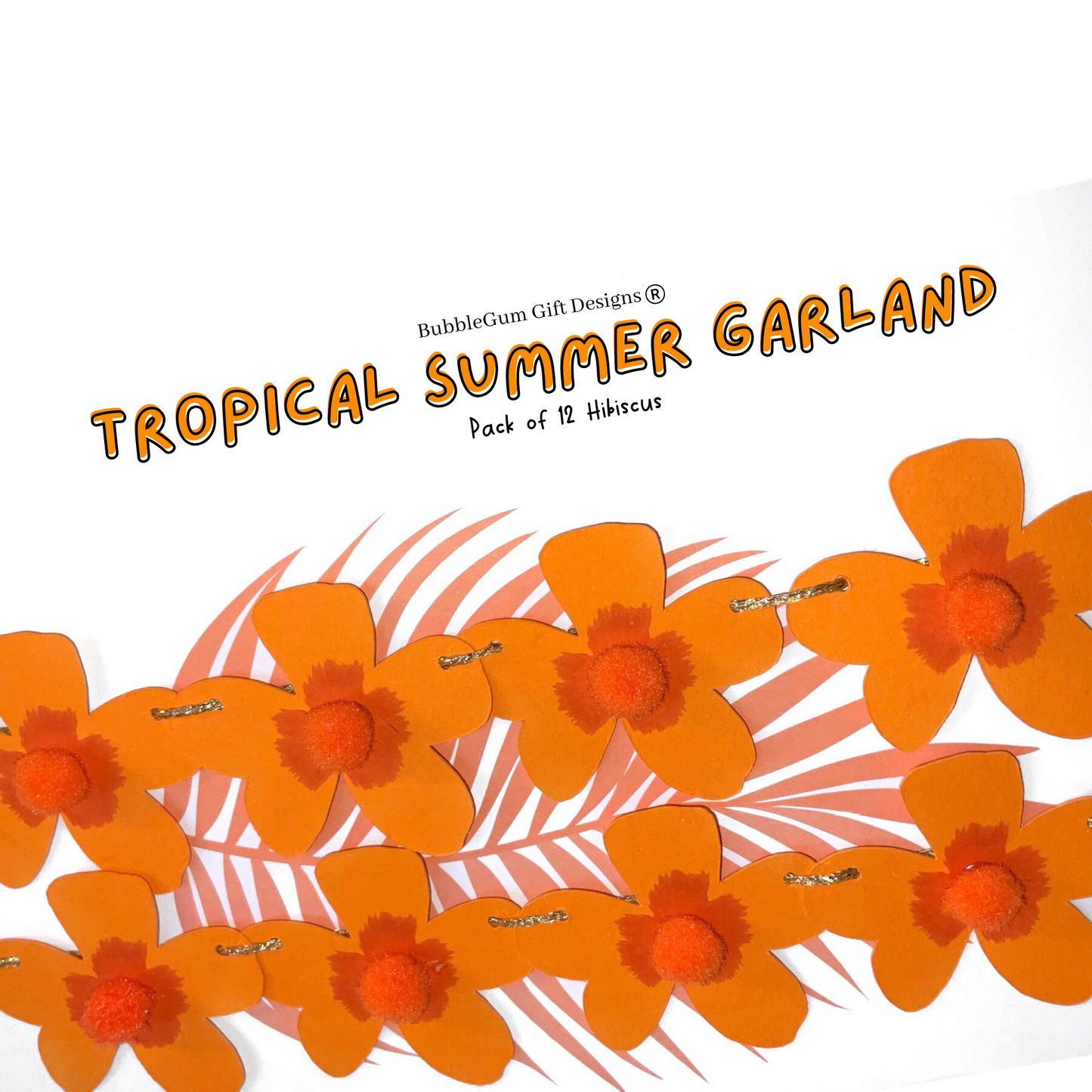 Mini orange hibiscus flower bunting, Cute tropical garland flowers with with fluffy pom pom centres