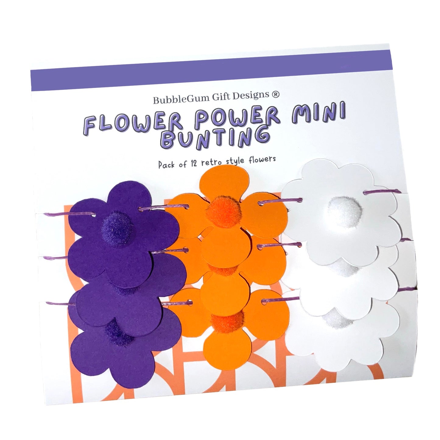 Mini Purple and Orange Flower Power Mini Bunting Groovy Flower Hanging Decoration Retro Flower Garland with Pom Pom Centre Pre threaded Sleepover Party Bag Fillers for Girls
