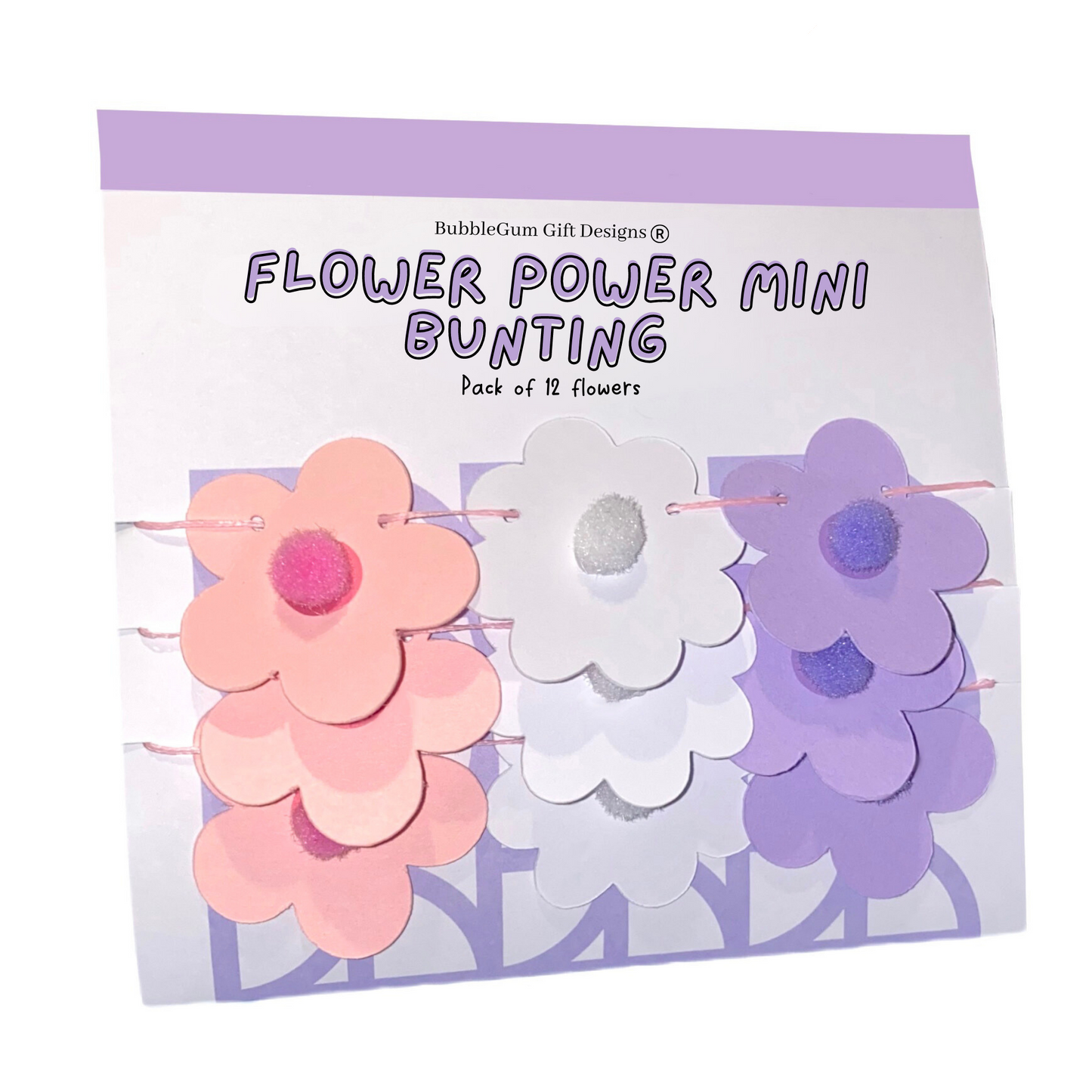 Mini spring flower mini bunting, Pastel pink, purple white pom pom flowers