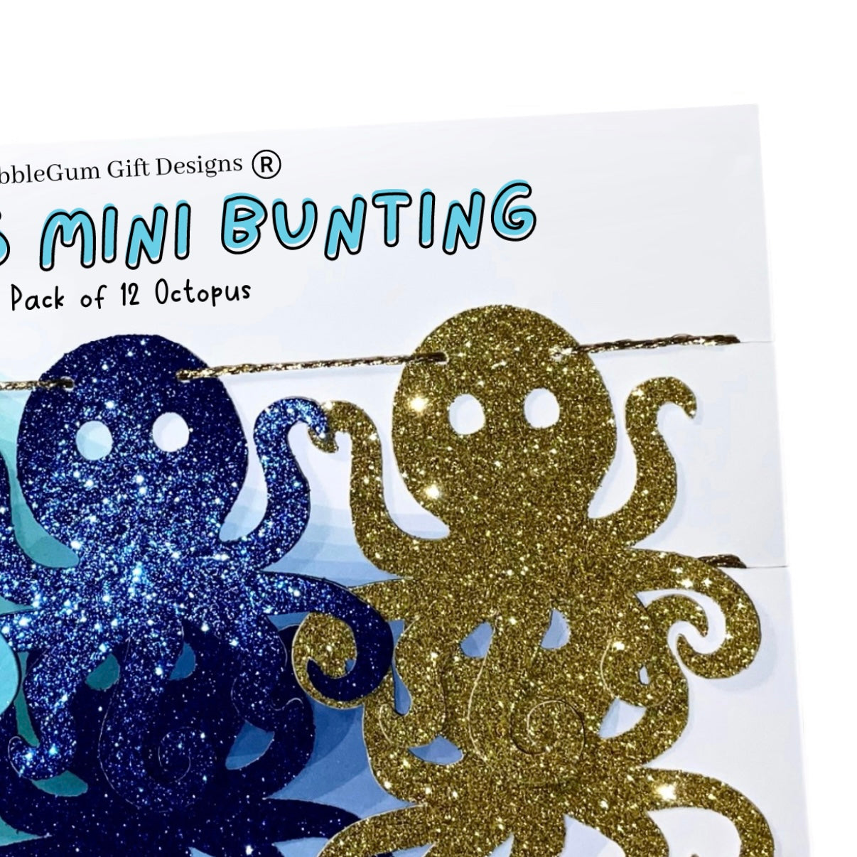 Mini glitter octopus bunting, Nautical baby shower or under the sea birthday decorations, Cute octopus in ocean blues and gold