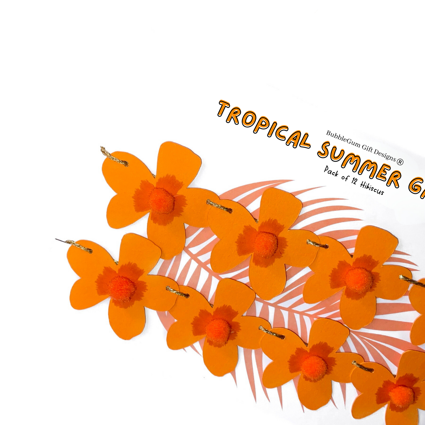 Mini orange hibiscus flower bunting, Cute tropical garland flowers with with fluffy pom pom centres