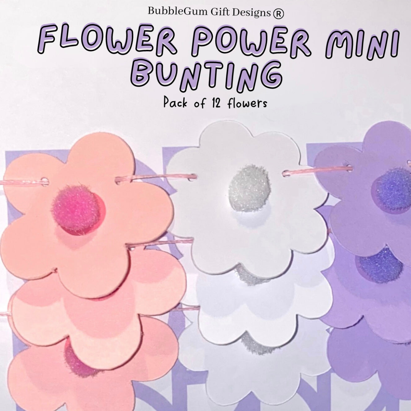 Mini spring flower mini bunting, Pastel pink, purple white pom pom flowers