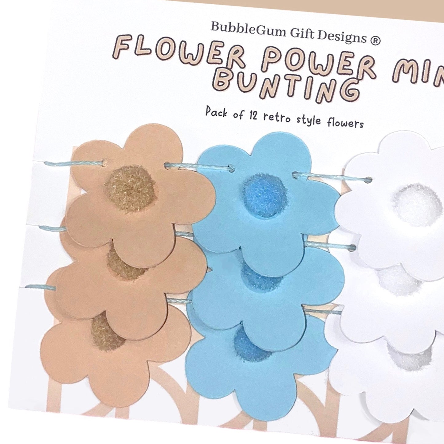 Groovy Pastel 70s Mini Flower Garland – Baby Blue & Beige Daisy Bunting with Fun Pom Pom Centres
