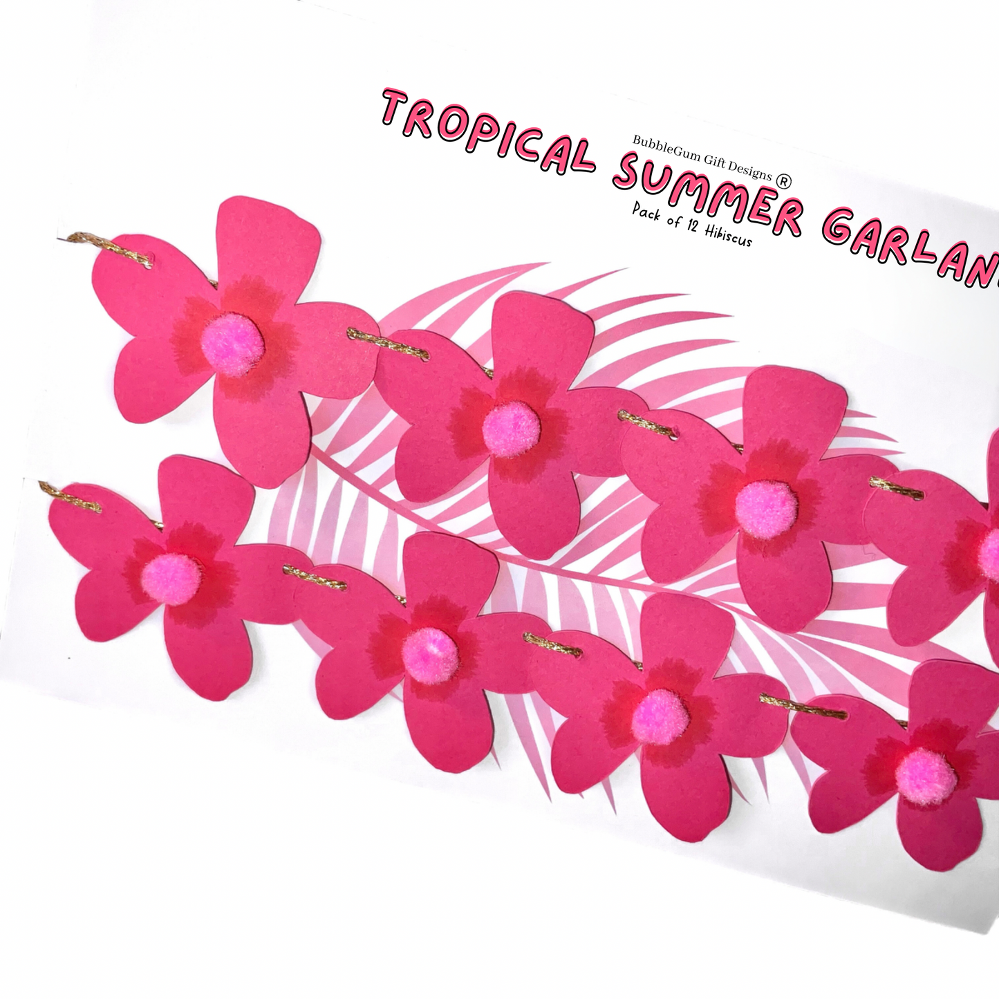 Mini flower garland hot pink Hibiscus, Hawaii Tiki decor Summer garland with pom poms