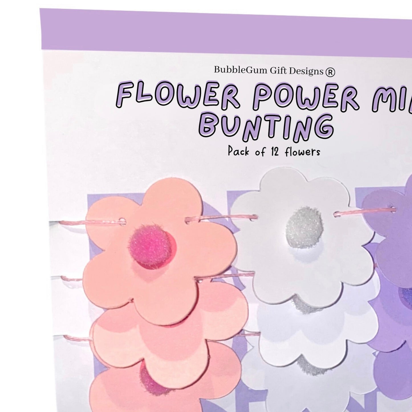 Mini spring flower mini bunting, Pastel pink, purple white pom pom flowers