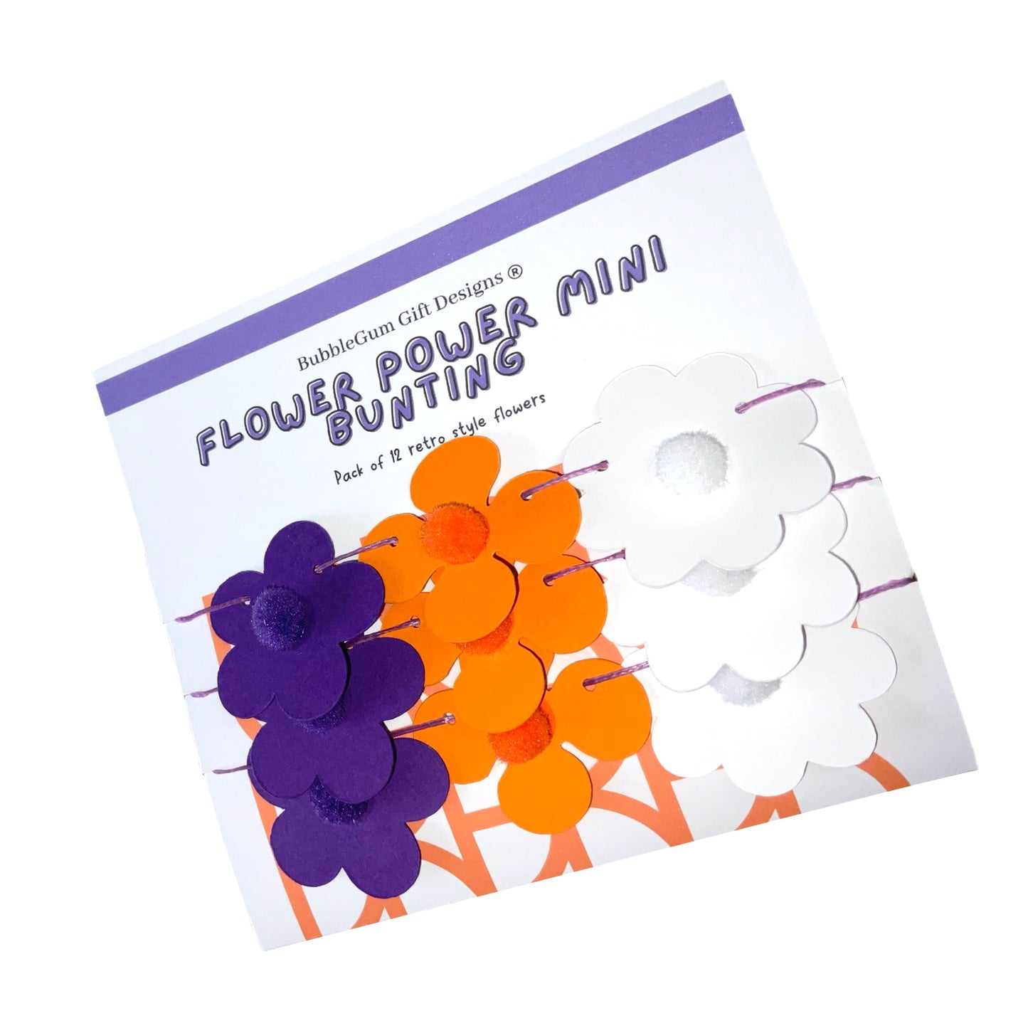 Mini Purple and Orange Flower Power Mini Bunting Groovy Flower Hanging Decoration Retro Flower Garland with Pom Pom Centre Pre threaded Sleepover Party Bag Fillers for Girls