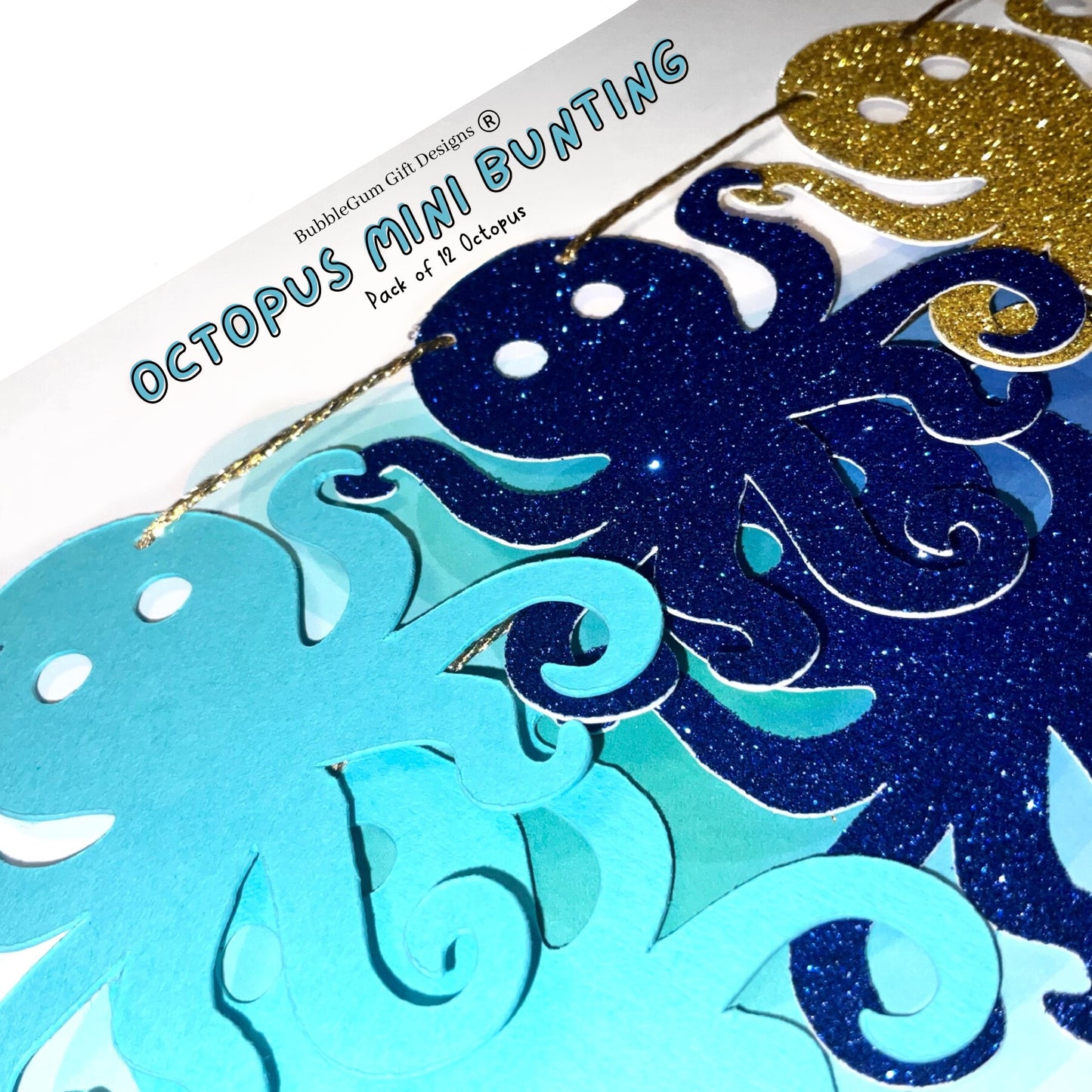 Mini glitter octopus bunting, Nautical baby shower or under the sea birthday decorations, Cute octopus in ocean blues and gold