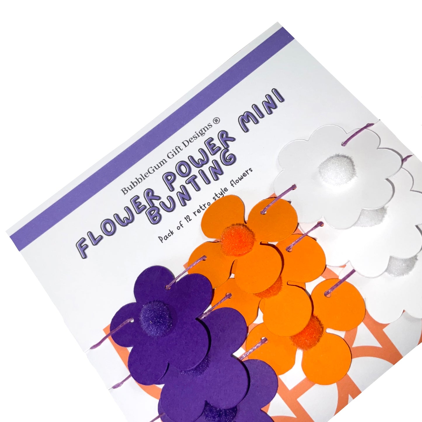Mini Purple and Orange Flower Power Mini Bunting Groovy Flower Hanging Decoration Retro Flower Garland with Pom Pom Centre Pre threaded Sleepover Party Bag Fillers for Girls