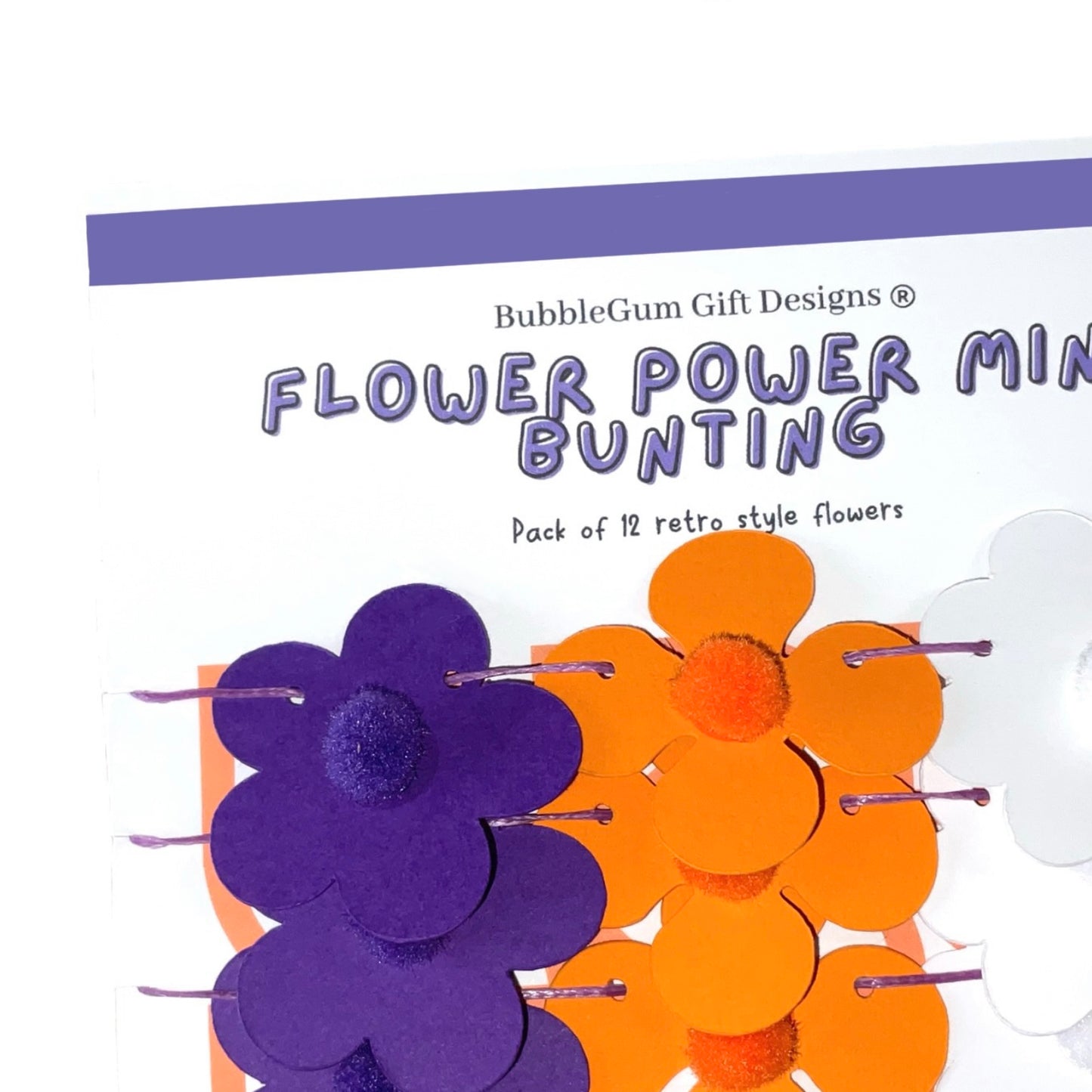 Mini Purple and Orange Flower Power Mini Bunting Groovy Flower Hanging Decoration Retro Flower Garland with Pom Pom Centre Pre threaded Sleepover Party Bag Fillers for Girls