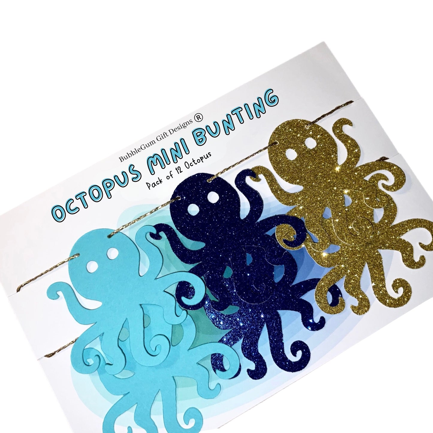 Mini glitter octopus bunting, Nautical baby shower or under the sea birthday decorations, Cute octopus in ocean blues and gold