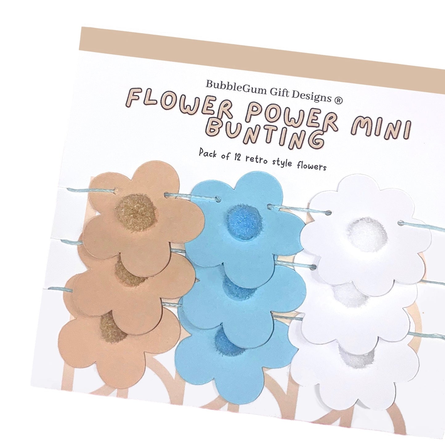 Groovy Pastel 70s Mini Flower Garland – Baby Blue & Beige Daisy Bunting with Fun Pom Pom Centres