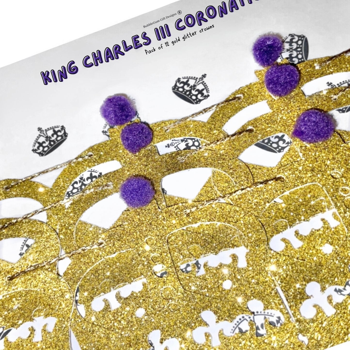 Kings Coronation party St Edward's crown gold mini bunting with purple pom poms