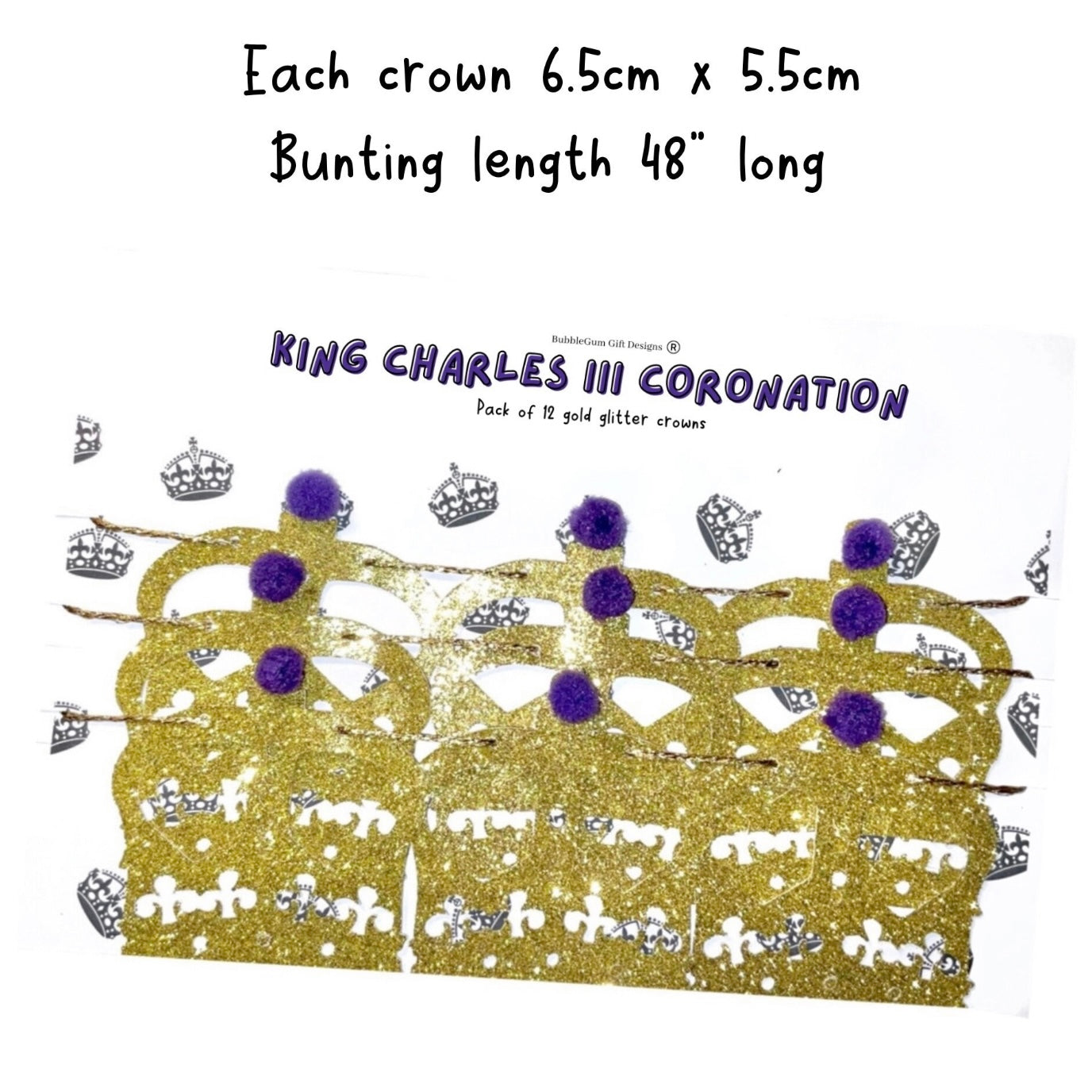 Kings Coronation party St Edward's crown gold mini bunting with purple pom poms