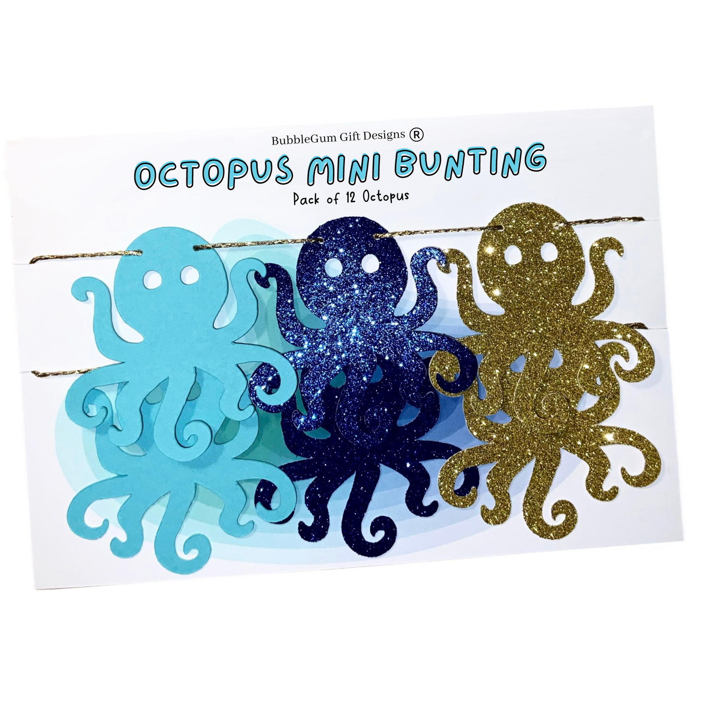 Mini glitter octopus bunting, Nautical baby shower or under the sea birthday decorations, Cute octopus in ocean blues and gold