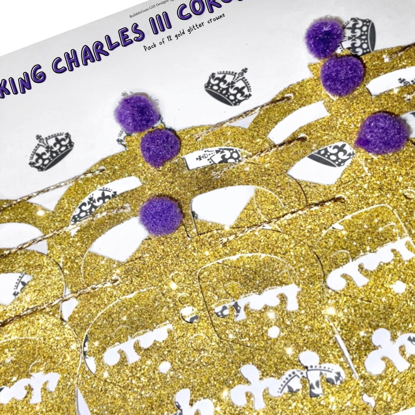 Kings Coronation party St Edward's crown gold mini bunting with purple pom poms