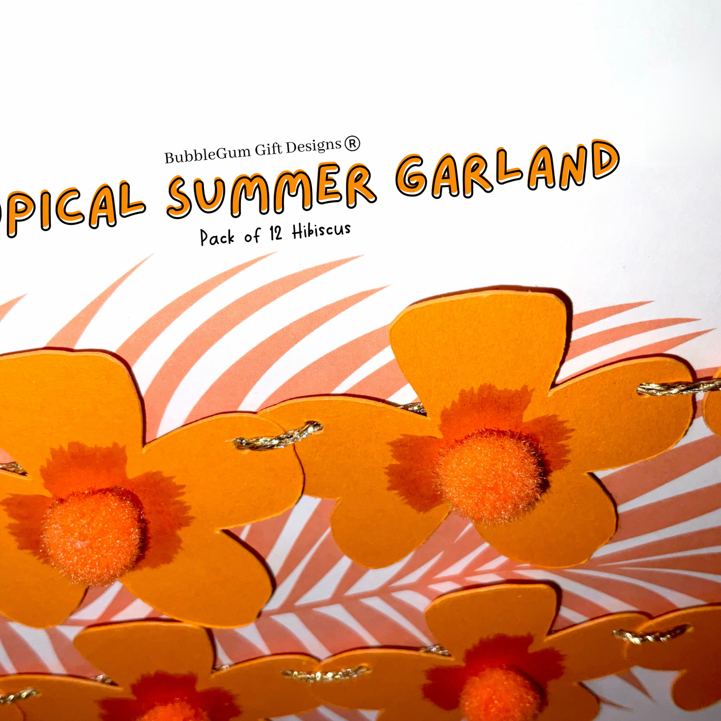 Mini orange hibiscus flower bunting, Cute tropical garland flowers with with fluffy pom pom centres