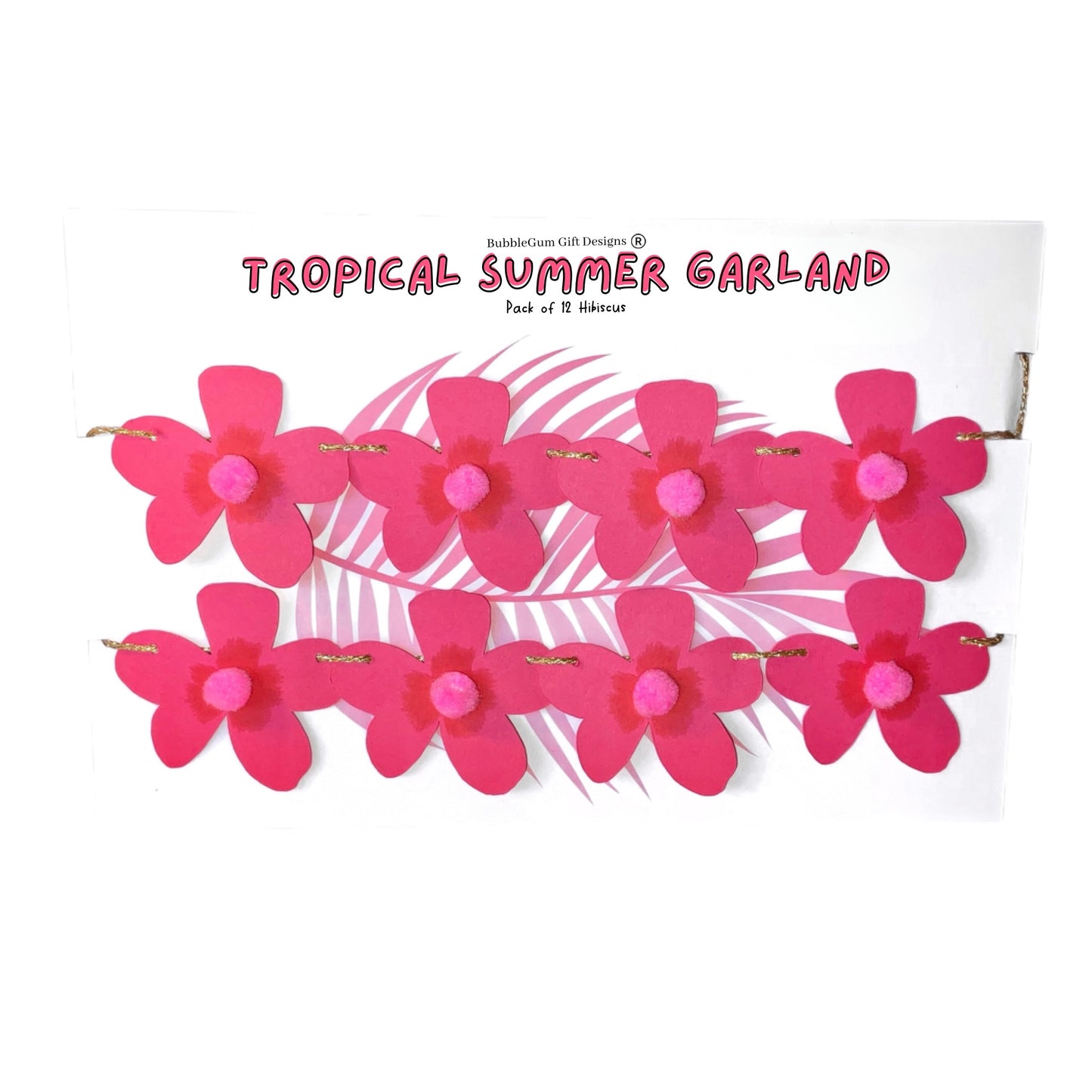 Mini flower garland hot pink Hibiscus, Hawaii Tiki decor Summer garland with pom poms