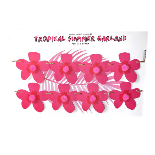 Mini Hot Pink Hibiscus Garland – Tropical Hawaii Tiki Decor with Pom Pom Centres for Summer Parties & Baby Showers