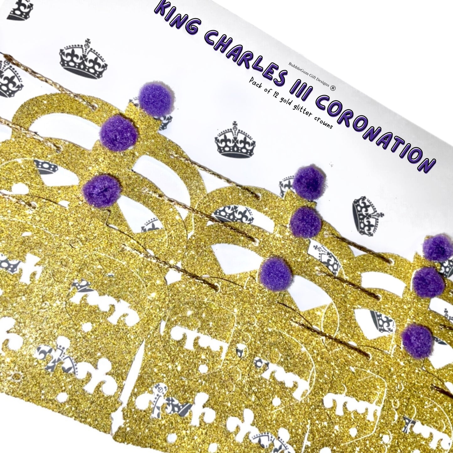 Kings Coronation party St Edward's crown gold mini bunting with purple pom poms