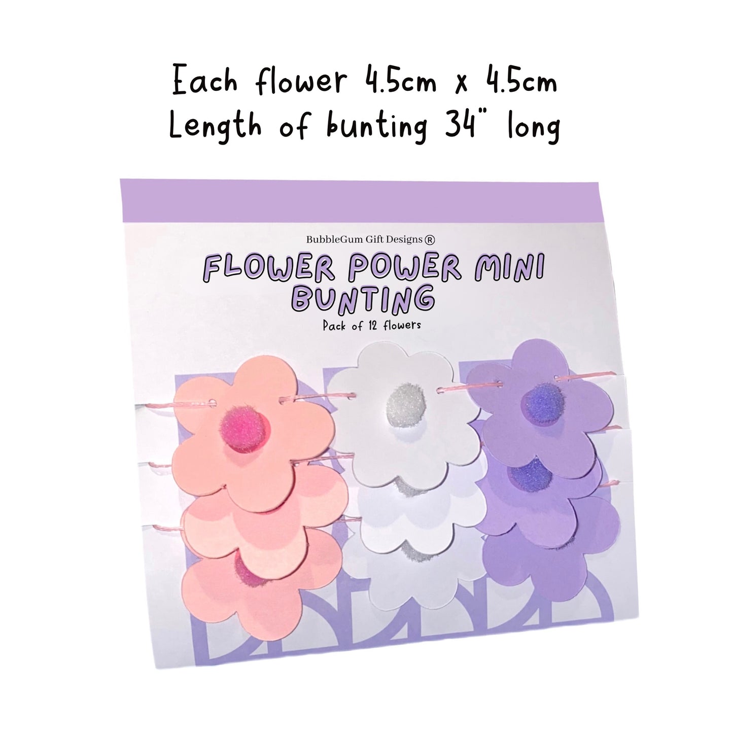 Mini spring flower mini bunting, Pastel pink, purple white pom pom flowers