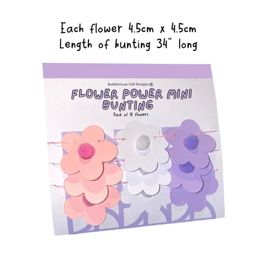 Groovy Spring Mini Flower Garland – Retro 70s Bunting in Pink, Purple & White with Pom Pom Flowers