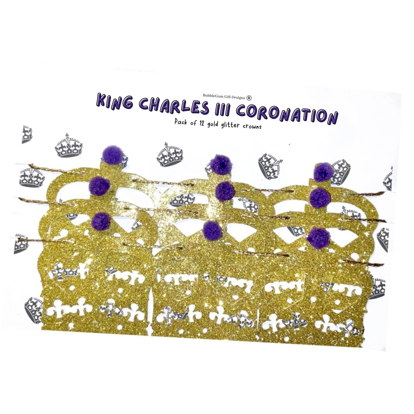 Kings Coronation party St Edward's crown gold mini bunting with purple pom poms