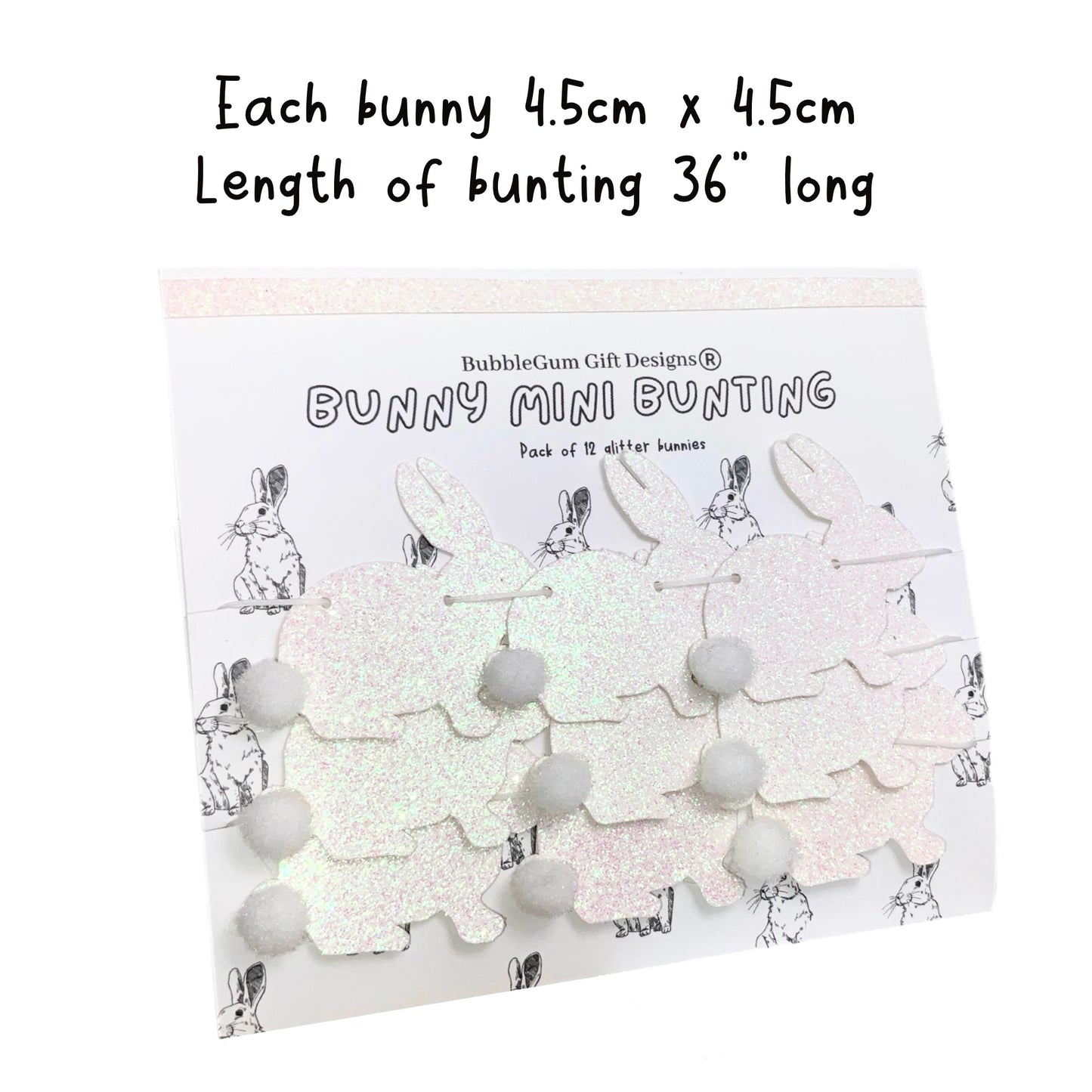 Mini white rabbit bunny garland, Glitter bunny decorations with aurora borealis tint, Bunny theme shelf decoration