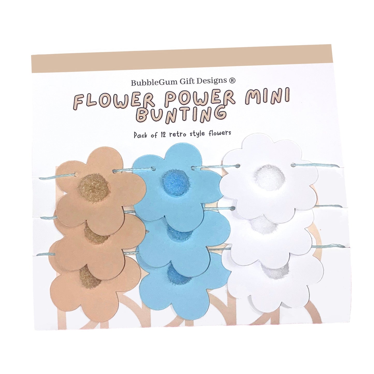 Groovy Pastel 70s Mini Flower Garland – Baby Blue & Beige Daisy Bunting with Fun Pom Pom Centres