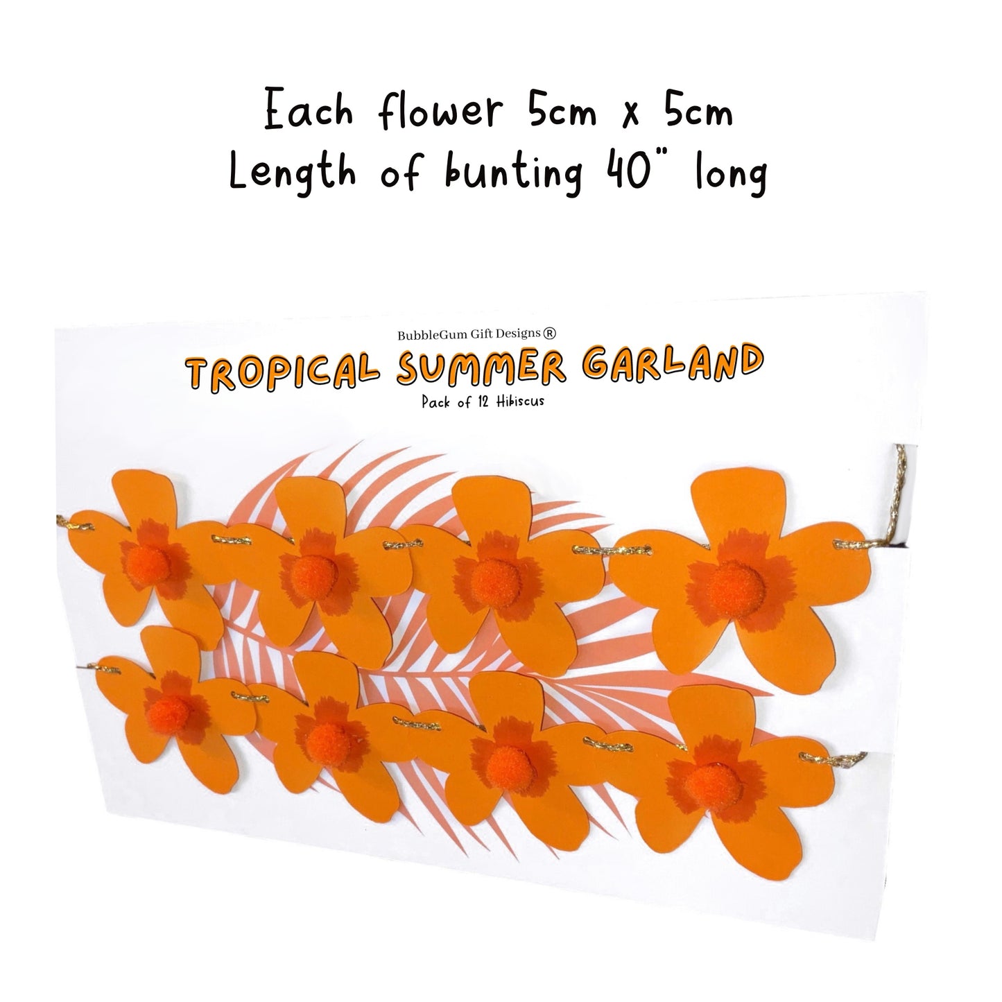 Mini orange hibiscus flower bunting, Cute tropical garland flowers with with fluffy pom pom centres