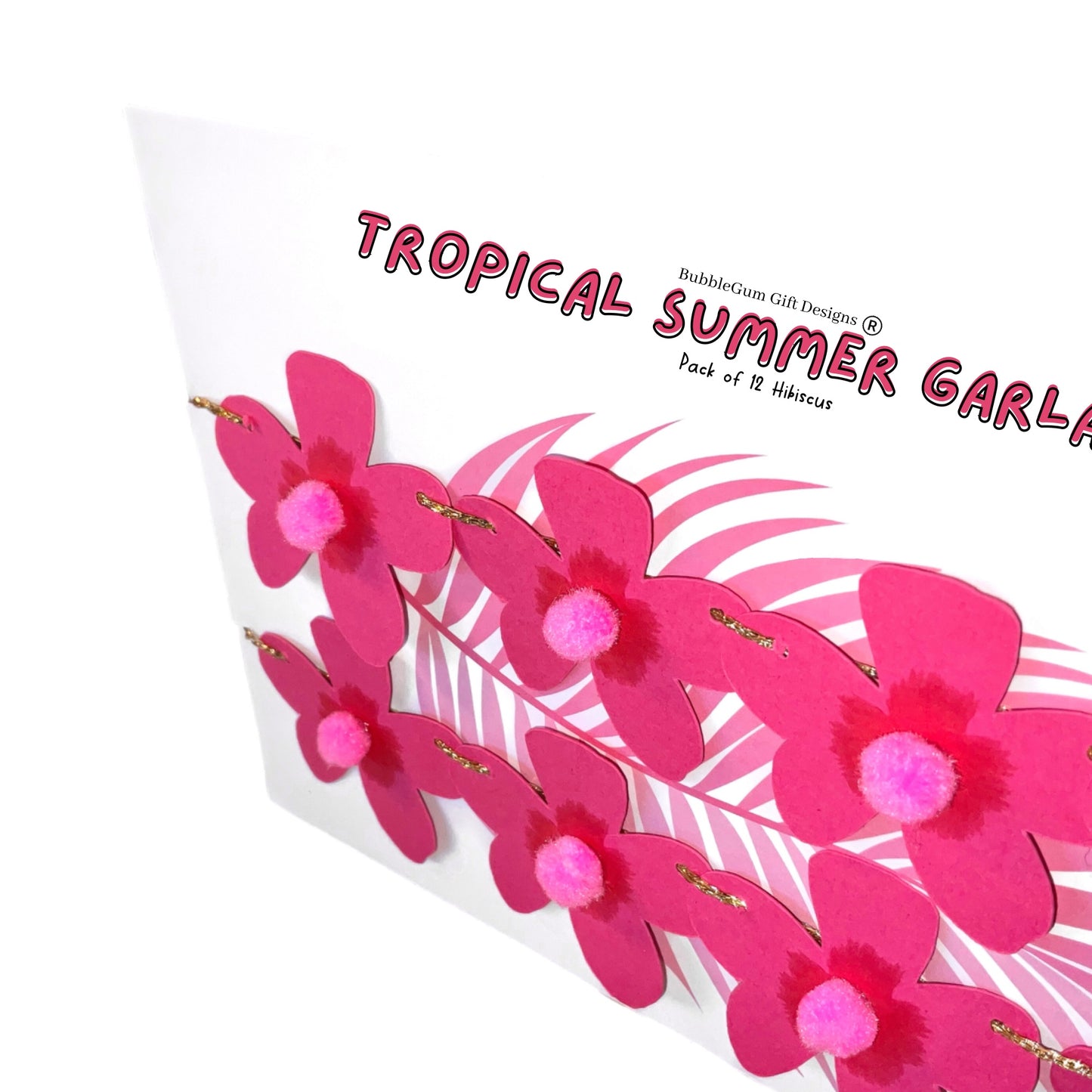 Mini flower garland hot pink Hibiscus, Hawaii Tiki decor Summer garland with pom poms