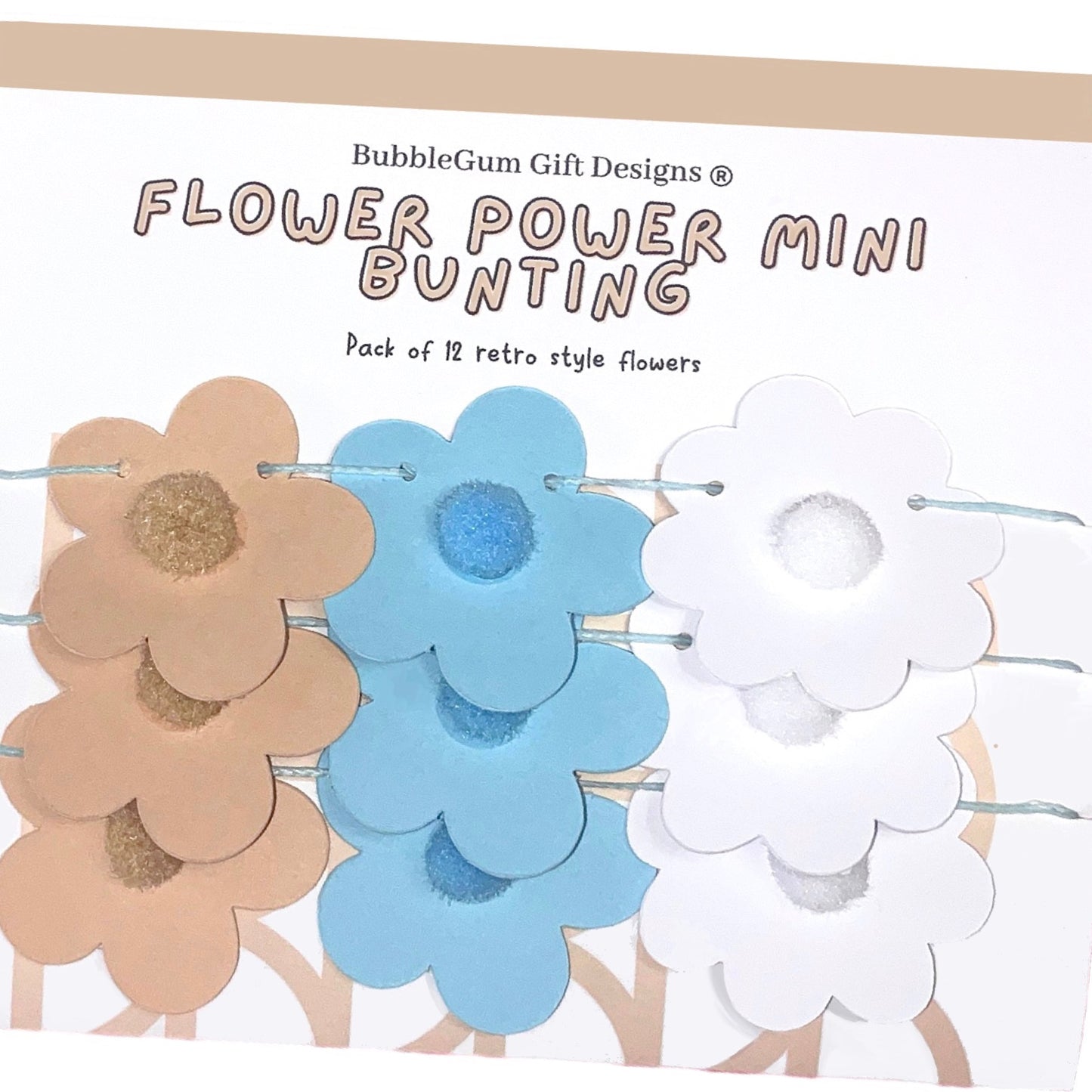 Groovy Pastel 70s Mini Flower Garland – Baby Blue & Beige Daisy Bunting with Fun Pom Pom Centres