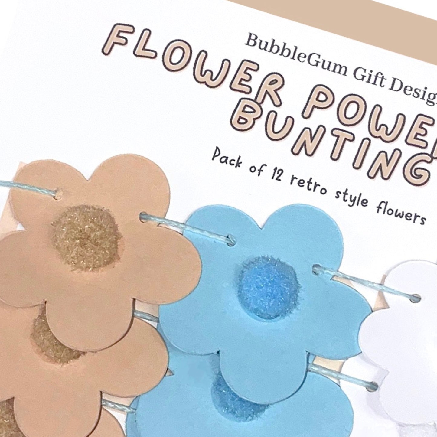 Groovy Pastel 70s Mini Flower Garland – Baby Blue & Beige Daisy Bunting with Fun Pom Pom Centres