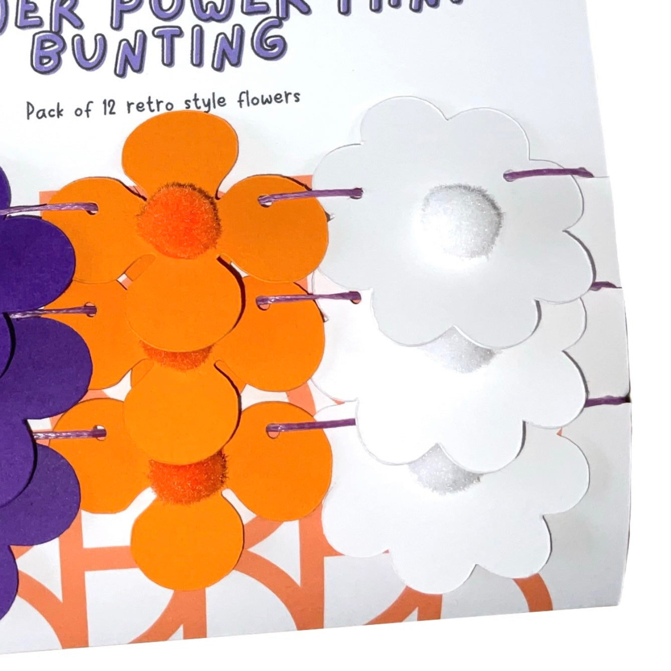 Mini Purple and Orange Flower Power Mini Bunting Groovy Flower Hanging Decoration Retro Flower Garland with Pom Pom Centre Pre threaded Sleepover Party Bag Fillers for Girls