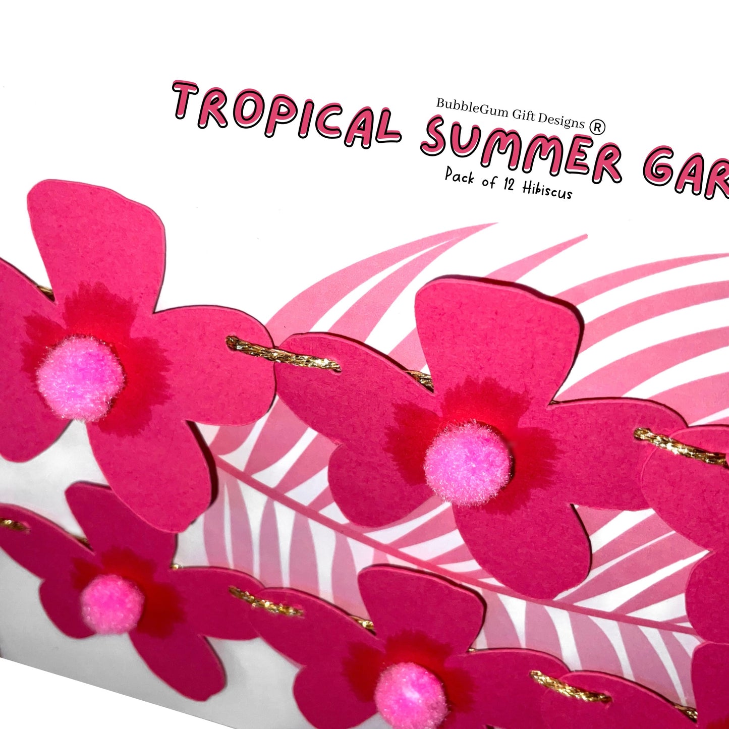 Mini flower garland hot pink Hibiscus, Hawaii Tiki decor Summer garland with pom poms
